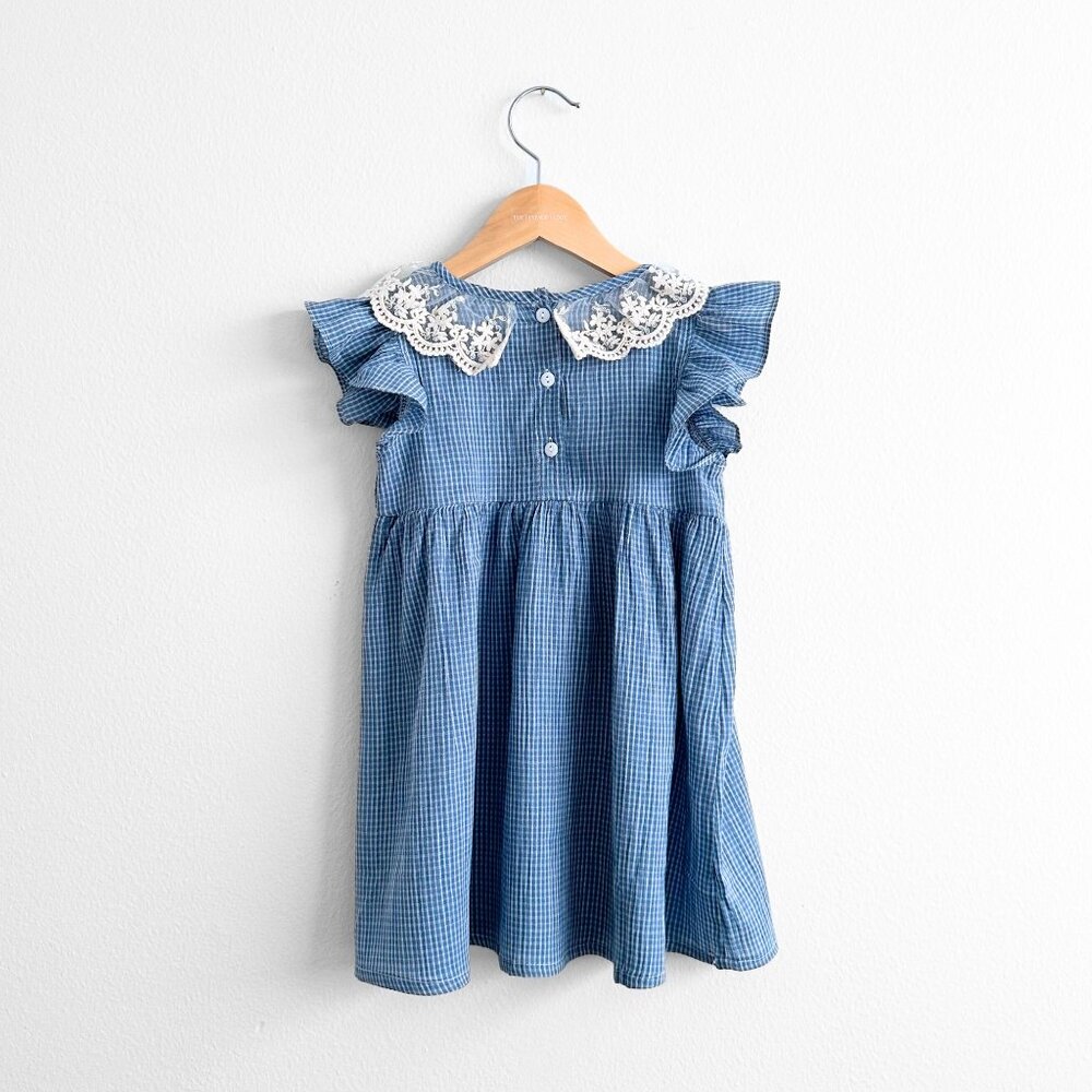 NWT Pretty Girls Embroidered Lace Ruffled Collar Dress Checkered Blue & White 5T - Picture 2 of 3
